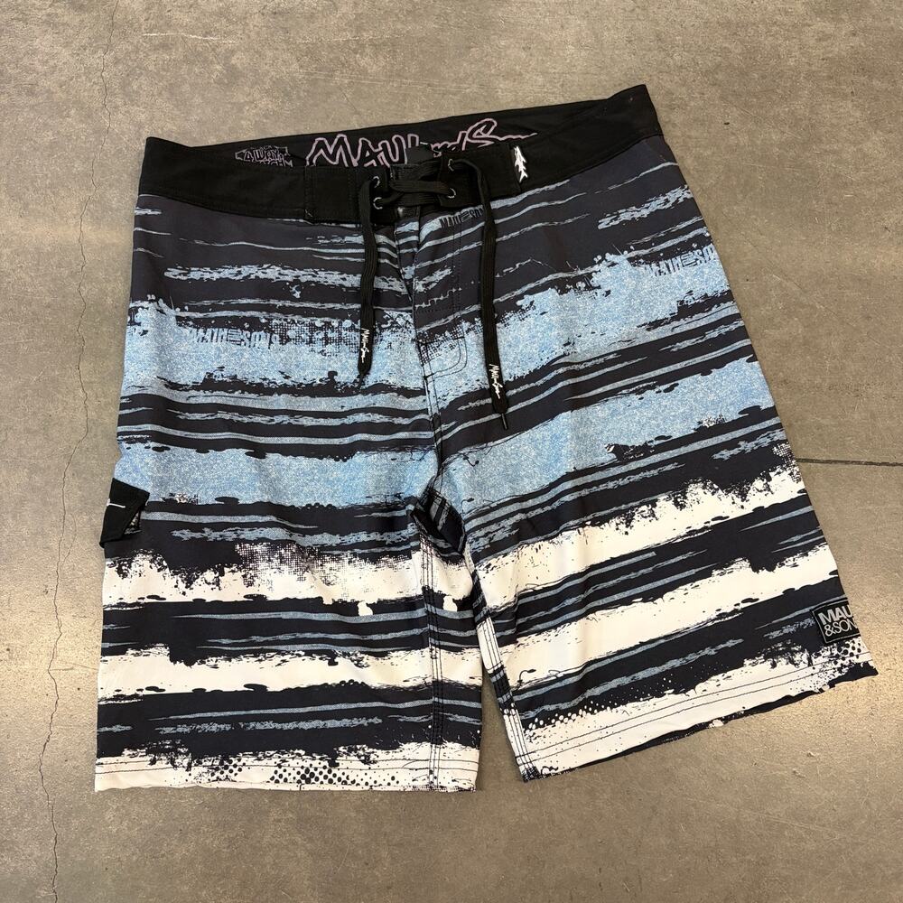 Vintage Y2k Maui And Sons Blue Black Striped Board Swim Shorts Men's 36